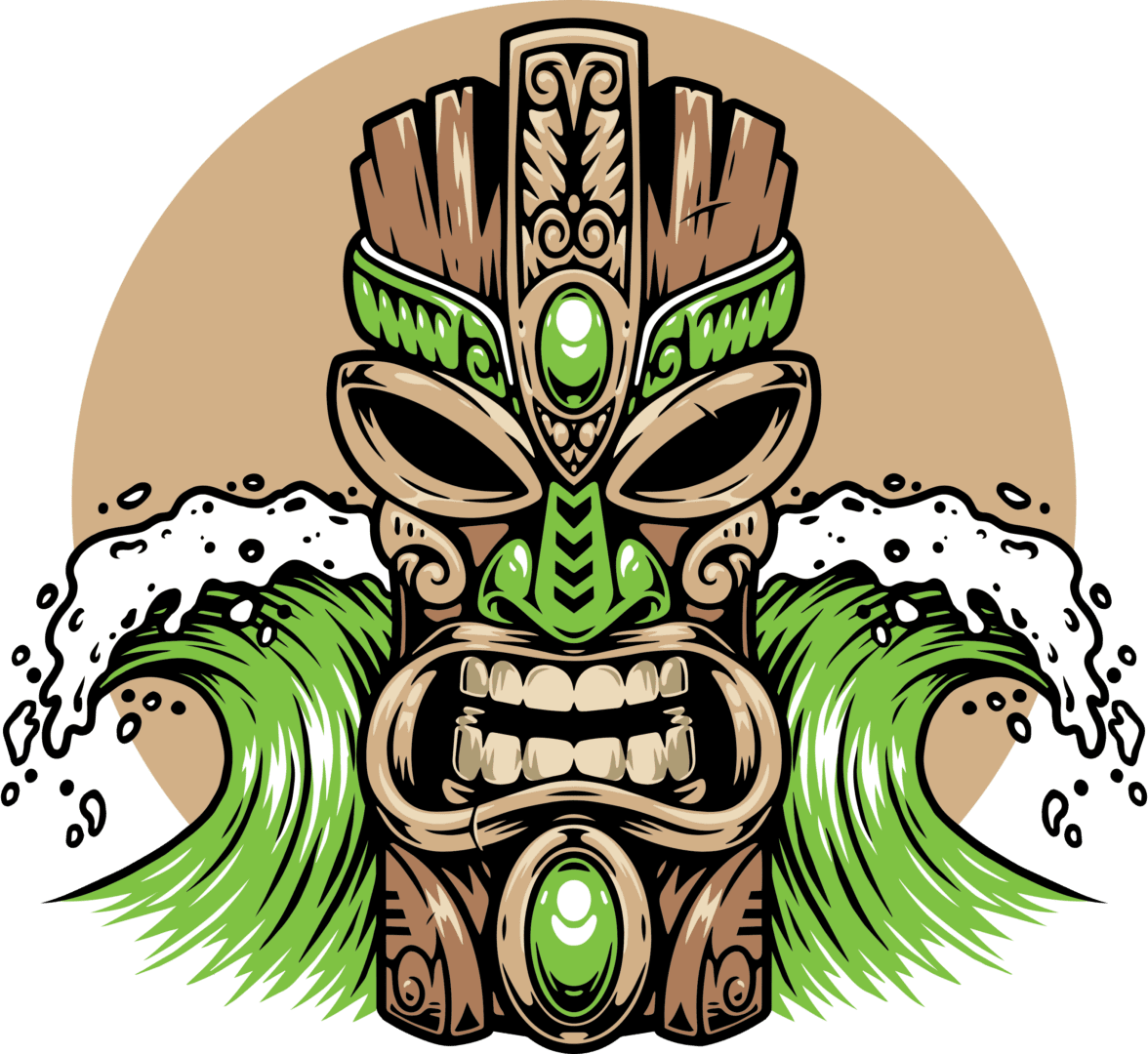 A tiki mask with green eyes and teeth.