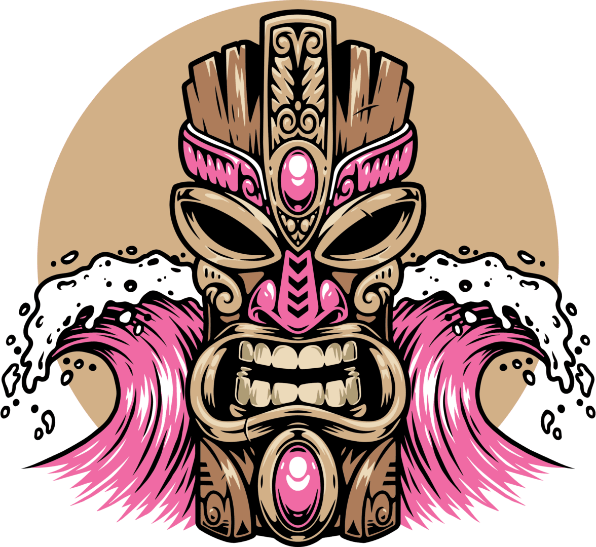 A tiki mask with pink waves and a sun behind it.