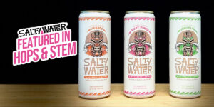 SaltyWater Electrolyte Drink cans in orange, fruit punch, and lemon lime flavors, featured in Hops & Stem, showcasing their bold design and non-carbonated formula.